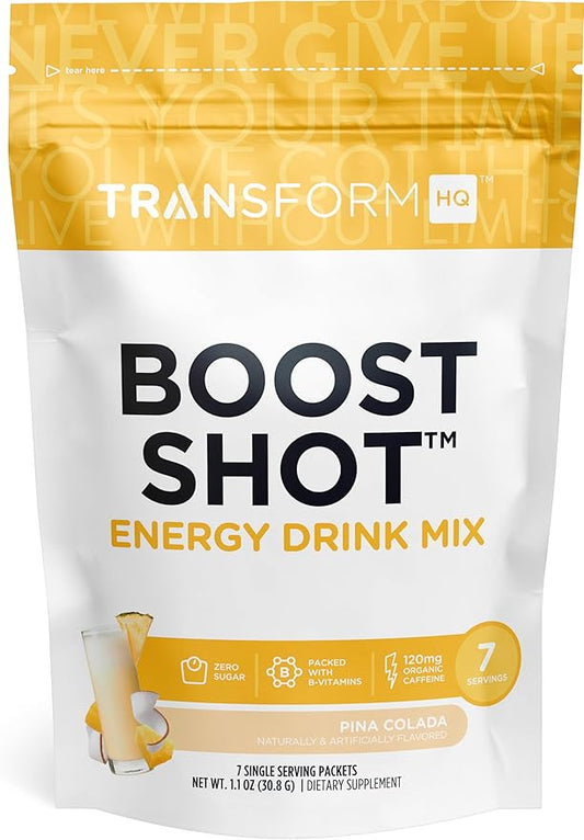 TransformHQ Boost Shot Powder Drink Stick Packets, Pina Colada, 7 Pack, Energy Supplements for Women & Men, with Caffeine, Vitamin B12, B9, B6 & B3