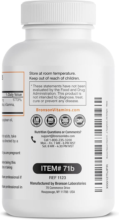 Bronson Natural Vitamin E Complex 400 I.U. Supplement (d-Alpha Tocopherol Plus d-Beta, d-Gamma, & d-Delta Tocopherols), Natural Antioxidant, 250 Softgels