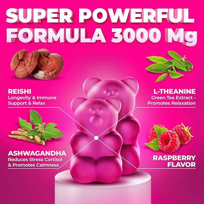 Natural Reishi Mushroom Gummies & L Theanine with Ashwagandha - Potent Mushroom Supplements for Immune Support, Stress Relief & Improve Sleep Gummies - Ashwagandha Gummies for Women & Men