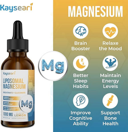 High Strength Liposomal Magnesium Drops, Easily Absorbed Chelated Forms of Magnesium Bisglycinate and Magnesium Gluconate, 60ML Lemon Flavored Liquid Drops