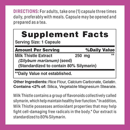 Vitamin World Milk Thistle (Silymarin) Standardized Extract 250mg 100 Capsules, St. Mary’s Thistle, Supports Liver Health, Antioxidant, Rapid-Release, Gluten Free
