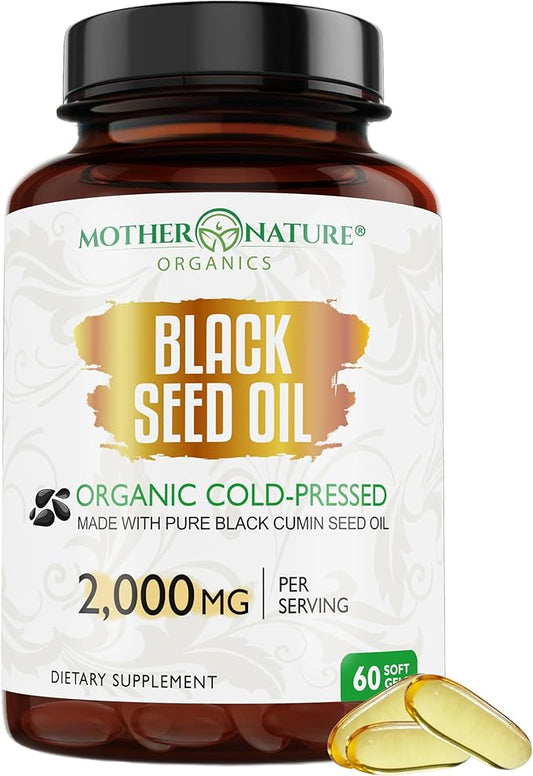 Organic Turkish Black Seed Oil Capsules, Premium Cold Pressed, High TQ, 1 Month Supply, Non-GMO Black Cumin Nigella Sativa Oil for Immune Support, Joint, Digestive Health, 1000mg per Capsule, 60ct