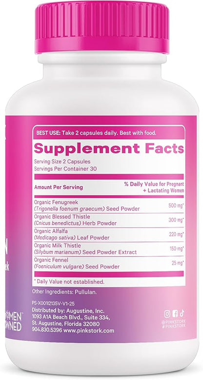 Pink Stork Total Lactation Supplement for Breast Milk Supply, Organic Fenugreek and Alfalfa to Support Breastfeeding, Milk Flow, and Production, Postpartum Essentials - 60 Capsules
