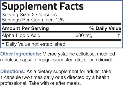 Bronson Alpha Lipoic Acid 600 MG Free Radical Scavenger Supports Health - Non-GMO, 250 Vegetarian Capsules (125 Servings)