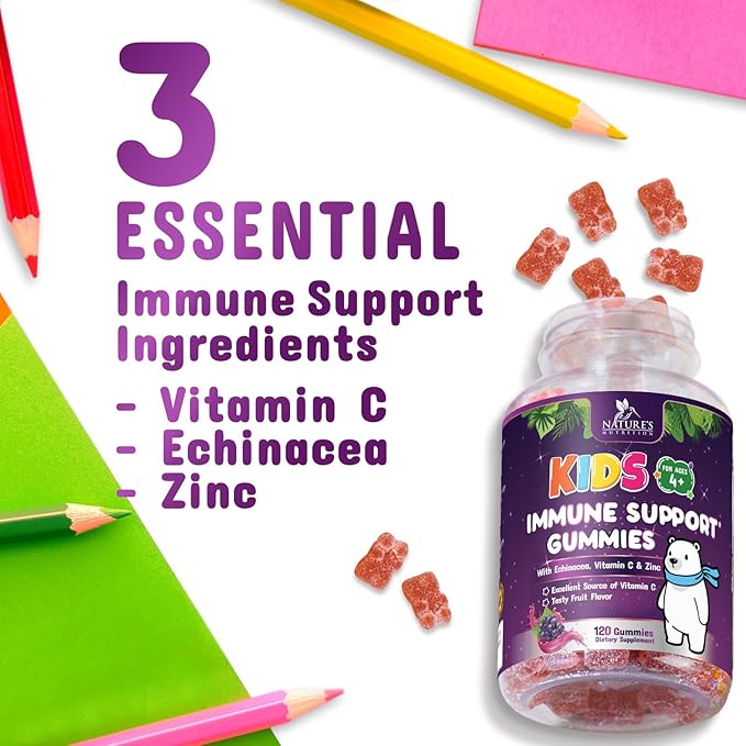 Kids Immune Support Gummy - Vitamin C, Zinc & Echinacea, Berry Flavor Children's Daily Immune Health Support Gummies for Ages 4 and Up, Nature's Vitamins for Kids, Vegan & Non-GMO - 120 Gummies