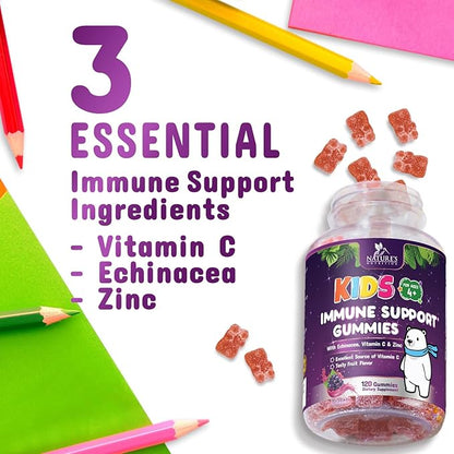 Kids Immune Support Gummy - Vitamin C, Zinc & Echinacea, Berry Flavor Children's Daily Immune Health Support Gummies for Ages 4 and Up, Nature's Vitamins for Kids, Vegan & Non-GMO - 120 Gummies