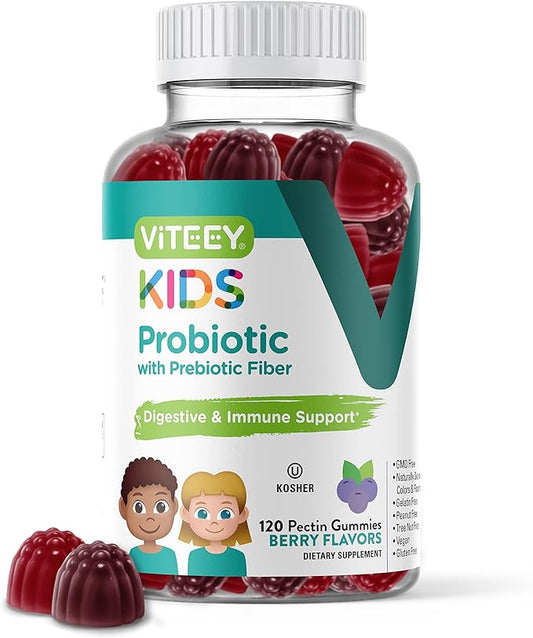 Probiotic Gummies for Kids Plus Prebiotics Fiber - 2 Billion CFUs - Digestive Health,Gut Health, Constipation Relief for Kids Support - Vegan, Gelatin Free - Chewable Probiotic Berry Flavored Gummy