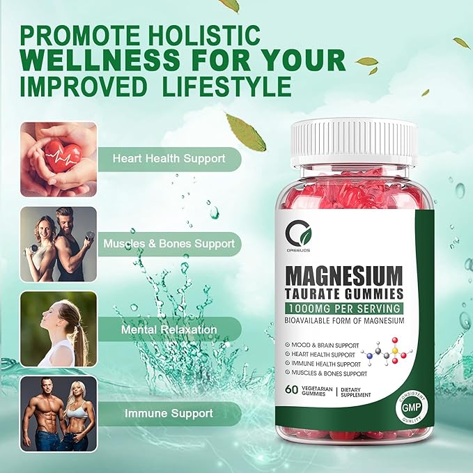 Magnesium Taurate Gummies with Magnesium Taurate, Magnesium Glycinate & Magnesium Citrate-for Heart Health, Muscles Function, Mood Support-Vegetarian, Non-GMO
