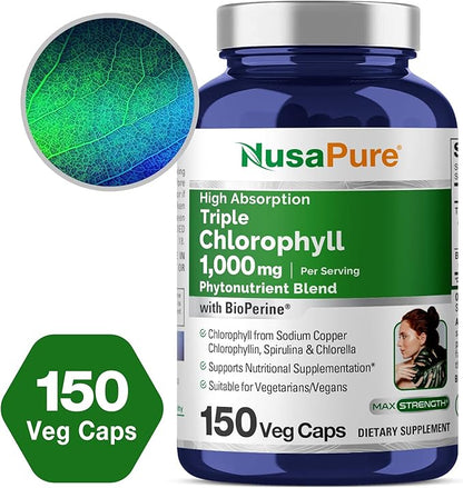 NusaPure High Absorption Triple Chlorophyll 1000 mg 150 Veg Caps Suitable for Vegetarians and Vegans, Non-GMO