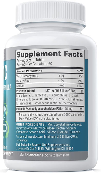 Balance ONE Probiotics for Women & Men – 15x Better Survivability vs Capsules – 15 Billion CFU Probiotic for Gut Health – 12 Strains Lactobacillus Plantarum, Acidophilus & Salivarius – 60 Tablets