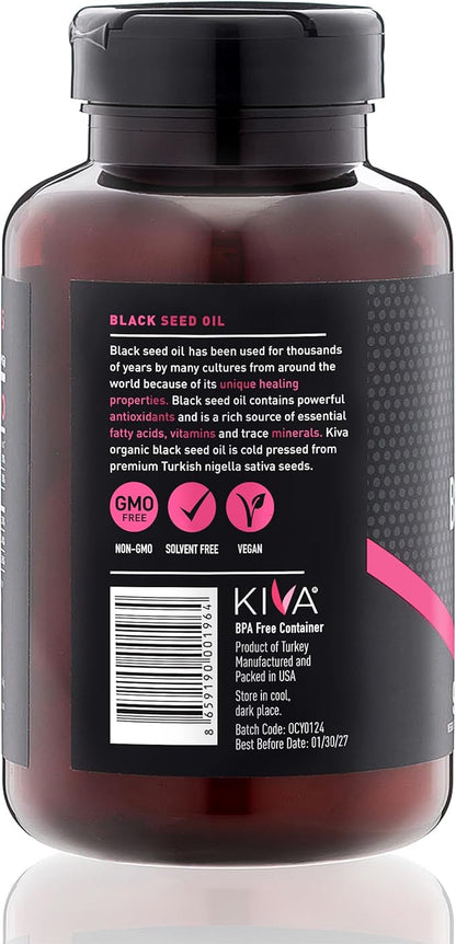Kiva Black Seed Oil Softgel Capsules - Cold-Pressed (2000mg), 1.5%+ High Thymoquinone (TQ), 100% Turkish Nigella Sativa Seed Oil, 90 Vegan Softgels