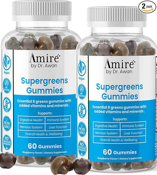 by Dr. Awan Super Greens Gummies, Fruits & Veggies Supplement, Green Superfood for Immunity, Metabolism, Liver Function & Nervous System, Essential 8 Greens, 120ct, 60day Supply