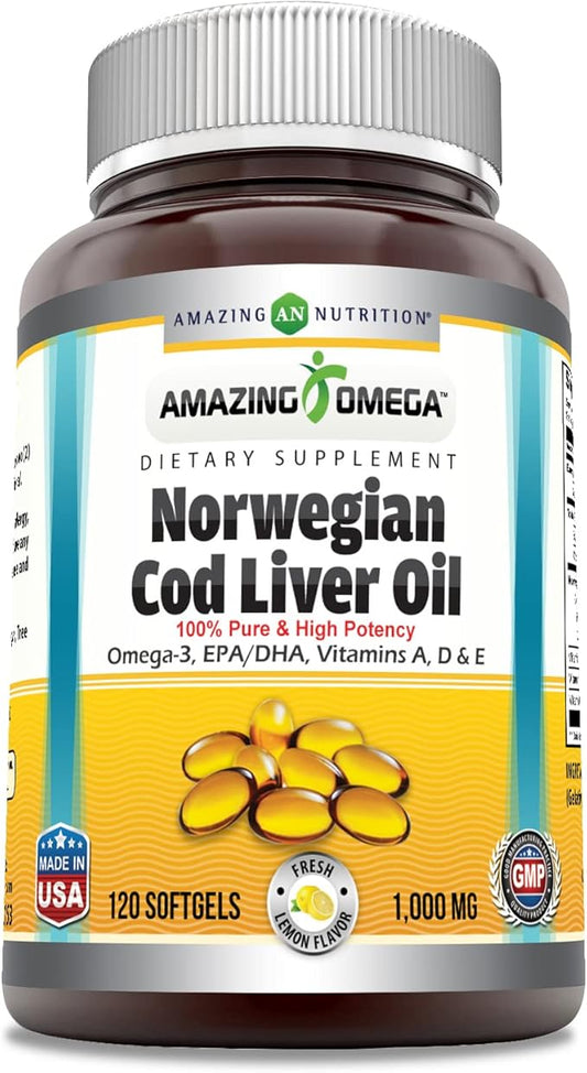Amazing Omega Norwegian Cod Liver Oil 1000 Mg Softgels Supplement | Omega-3, EPA, DHA, Vitamin A, Vitamin D & Vitamin E (Lemon | 120 Count)