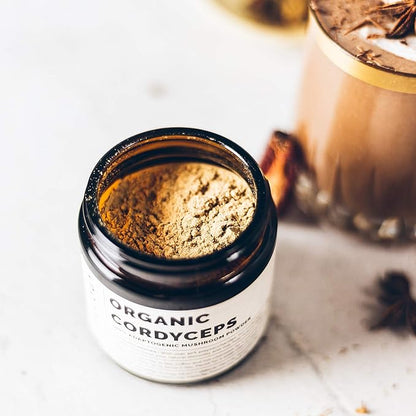 Erbology Organic Cordyceps Mushroom Powder 50 Servings - 48% Beta-glucans - Energy and Performance - Cordyceps Sinensis - Small Batch - Sustainably Grown in Europe - Vegan - Non-GMO - No Added Fillers