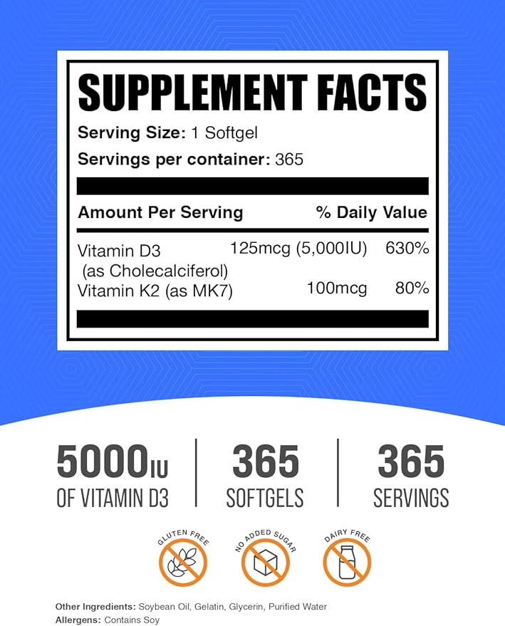 BulkSupplements.com Vitamin D3 + K2 5000 IU Softgels - D3 K2 Supplement, for Immune Health - Gluten Free, 1 Softgel per Serving, 365 Count (Pack of 1)