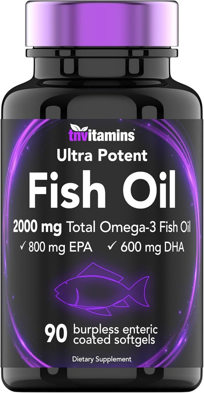 Burpless Omega-3 Fish Oil: 2000mg - 90 Softgels | 1400mg Total Omega-3 Fatty Acids (800mg EPA & 600mg DHA) | Enteric Coated Burpless Ultra Potent Fish Oil | Supports Heart Health