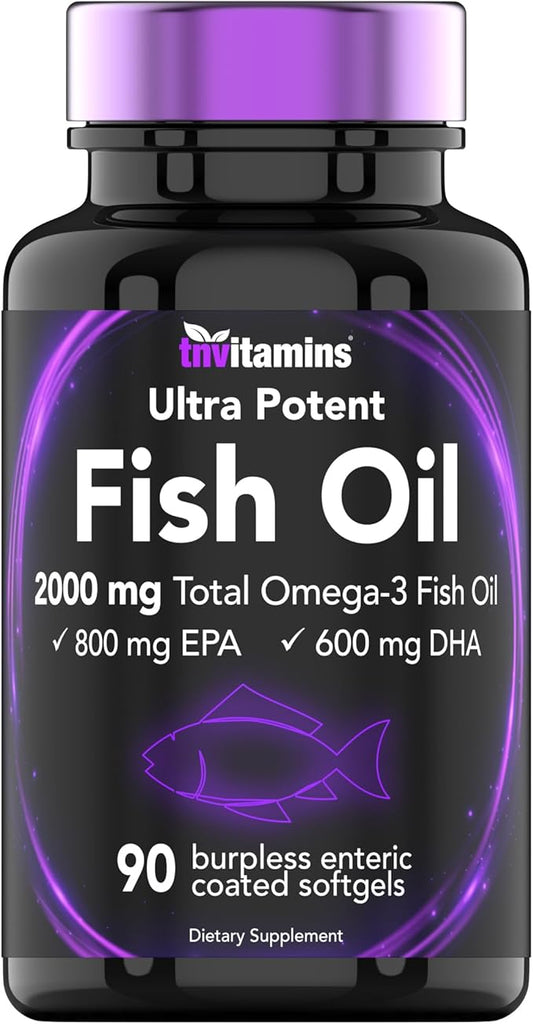 Burpless Omega-3 Fish Oil: 2000mg - 90 Softgels | 1400mg Total Omega-3 Fatty Acids (800mg EPA & 600mg DHA) | Enteric Coated Burpless Ultra Potent Fish Oil | Supports Heart Health