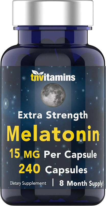 Melatonin 15 MG Per Capsule (240 Capsules) | All-Natural Sleeping Pills for Adults | Extra Strength Melatonin | Nighttime Sleep Aid | Natural Sleep Support Supplement