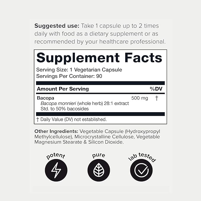 Bacopa - Ultra High Potency 28:1 Extract with 50% Bacosides - Highly Concentrated - Third-Party Lab Tested - 90 Capsules
