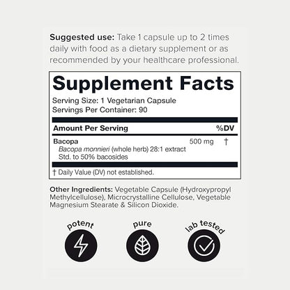 Bacopa - Ultra High Potency 28:1 Extract with 50% Bacosides - Highly Concentrated - Third-Party Lab Tested - 90 Capsules