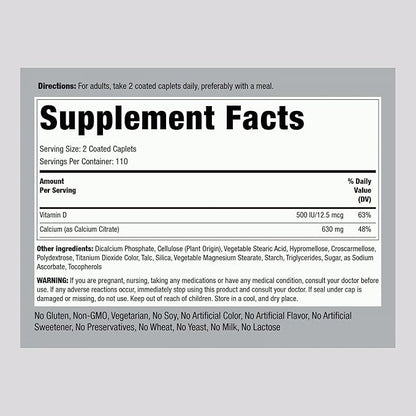 Piping Rock Calcium Citrate with Vitamin D3 | 630 mg | 220 Caplets | Supplement for Women and Men | Vegetarian, Non-GMO, Gluten Free