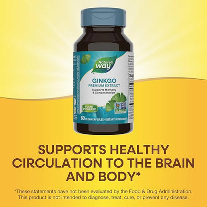 Nature's Way Ginkgo Premium Extract, Supports Memory & Concentration*, 120 mg Ginkgo Biloba Extract per 2-Capsule Serving, with Gotu Kola, Vegan, No Gluten, 60 Capsules (Packaging May Vary)