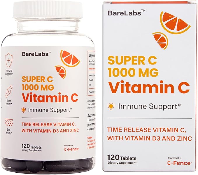 Super C – Time Release Vitamin C 1000mg, D3 1000iu, Zinc 30mg – 24-Hour Immune Support, Skin & Hair Health – Non-GMO – 120 Tablets