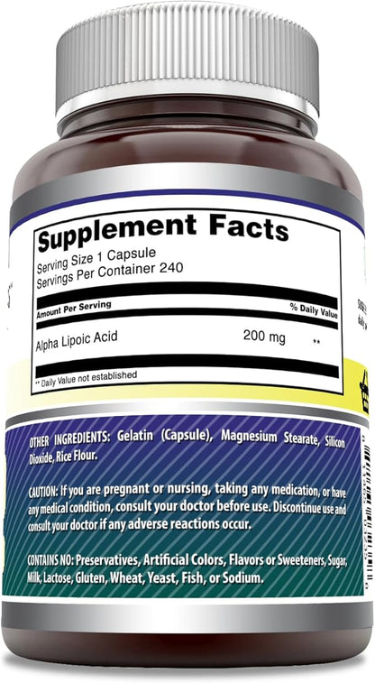 Amazing Formulas Alpha Lipoic Acid | 200 Mg Supplement | 240 Capsules | Non-GMO | Gluten-Free | Made in USA