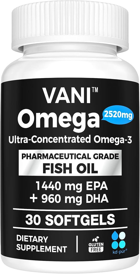 VANI Omega 3 Fish Oil - Pharmaceutical Grade - 2520mg with EPA & DHA, Made in USA with Premium Germany Fish Oil KD-PÜR® - 30 Softgels