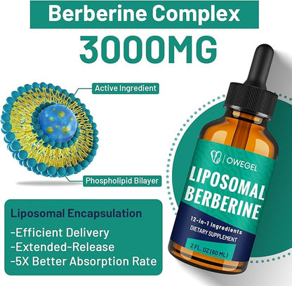 Berberine HCL Supplement with Ceylon Cinnamon - Highly Absorbable Liposomal Berberine Liquid Drops 3000mg- 12 in 1 Natural Ingredients - AMPK Activator - 2 Fl Oz