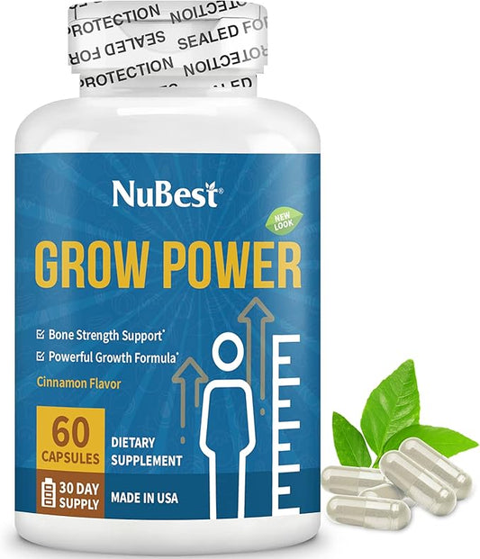 NuBest Grow Power Height Supplement with Calcium, Magnesium, Vitamin D3, Zinc for Age 10+ Height Growth, Grow Taller, Increase Height Growth Natural - Free of Growth Hormone - 60 Growth Capsules