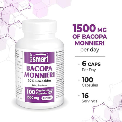 Supersmart - Bacopa Monnieri 1500 mg Per Day - Nootropic Supplement & Brain Boost - Help Improve Learning, Memory & Information Processing | Non-GMO & Gluten Free - 100 Vegetarian Capsules