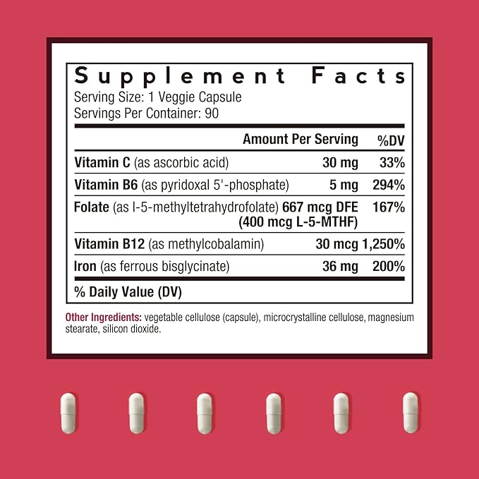 Doctor's Recipes Iron Supplement for Women Men - Gentle Iron Bisglycinate with Vitamin C, B6, Folate & B12 - Non-Constipating & Stomach Friendly Iron Pills for Blood & Energy Support, 90 Vegan Caps
