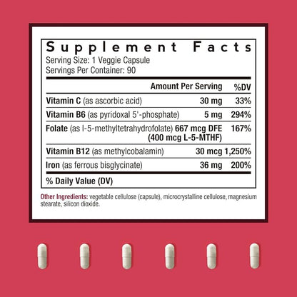 Doctor's Recipes Iron Supplement for Women Men - Gentle Iron Bisglycinate with Vitamin C, B6, Folate & B12 - Non-Constipating & Stomach Friendly Iron Pills for Blood & Energy Support, 90 Vegan Caps