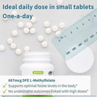 Igennus Pure Methylfolate 667 mcg DFE, Optimized Folate 400 mcg, No Silicon Dioxide, MTHFR Supplement for Women & Men, 180 Small Tablets, Lab Verified, Vegan & Hypoallergenic