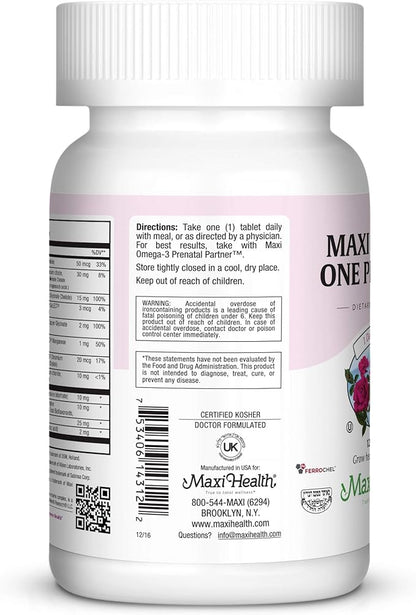 Maxi Health One Prenatal - Womens Prenatal Vitamins with Iron - Enhanced Absorption & Bioavailability - Daily Multivitamin for Women - Multi Vitamin & Mineral Supplement for Adults - 120 Tablets