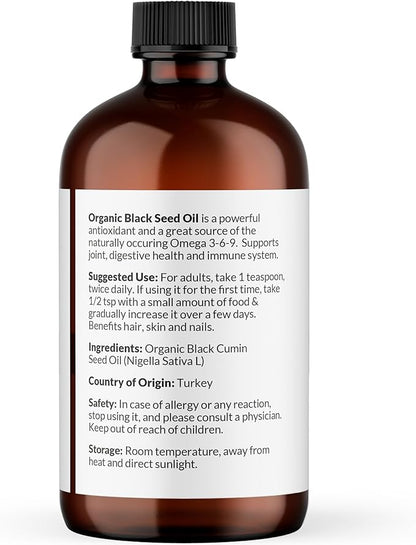 NaturoBliss Organic Black Seed Oil 100% Virgin Cold Pressed Omega 3 6 9 Super Antioxidant for Immune Support, Joints, Mobility, Digestion, Hair Skin Vegan, Gluten-Free, Non-GMO USDA Certified 4oz