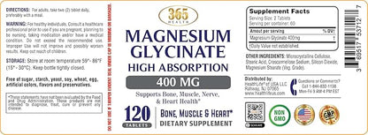 365 Health Magnesium Glycinate, 400mg Per Serving, 120 Tablets, High Absorption Supplement for Bone, Muscle & Heart Health