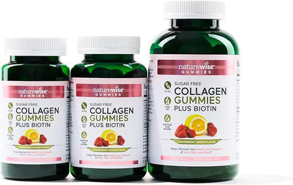 NatureWise Collagen Gummies - Sugar-Free Hydrolyzed Collagen Gummies - Type 1 & 3 Peptides for Women + Biotin, Vitamin C, E, & Zinc for Hair Skin and Nails Support - 90 Count[45-Day Supply]