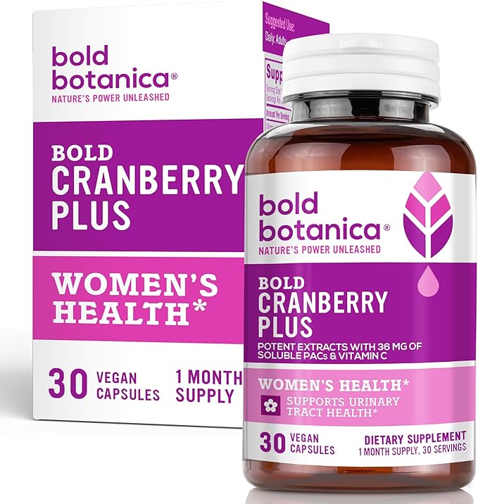 Bold Cranberry Plus – 36 mg PAC 100% Soluble from Juice Extract– Urinary Tract UTI Support- Cranberry Pills for Women & Men- with Non-GMO Vitamin C – 30 Vegan Capsules
