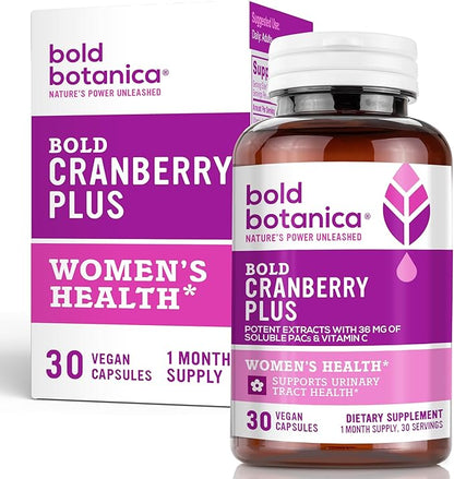 Bold Cranberry Plus – 36 mg PAC 100% Soluble from Juice Extract– Urinary Tract UTI Support- Cranberry Pills for Women & Men- with Non-GMO Vitamin C – 30 Vegan Capsules