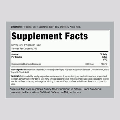 Piping Rock Chromium Picolinate 1000mcg | 360 Tablet Pills | Chromium Supplement | Vegetarian, Non-GMO, Gluten Free Supplement