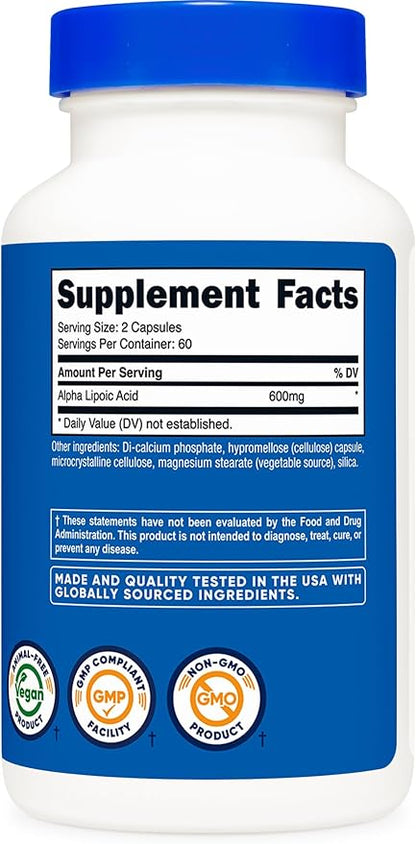 Nutricost Alpha Lipoic Acid 600mg Per Serving 120 Capsules, 60 Servings - Plant Based Caps, Non-GMO