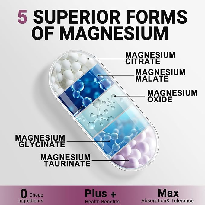 Magnesium Complex Supplement 420mg- 30mg Vitamin B6-5 in 1 Ultra Absorption Magnesium Glycinate, Oxide, Malate, Taurate & Citrate - Vegan Non-GMO Mag120 Capsules for Sleep, Muscle, Energy & Heart