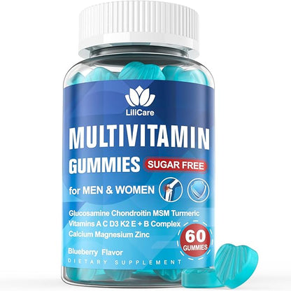 Men's & Women's Sugar Free Methylated Multivitamin 50 Plus with Glucosamine Chondroitin MSM, Iron Free Gummies for Senior with Multi Vitamin D3 K2 & A C E, B Complex - 60 Count (Pack of 1)