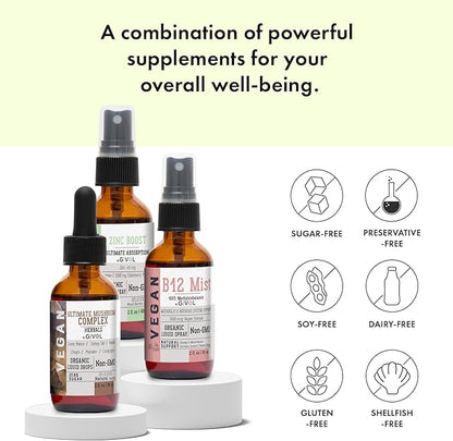 Cognitive Wellness Bundle Liquid Vitamin Trio: Methylcobalamin B12, Lions Mane, Reishi, Chaga Mushroom Complex & Zinc Picolinate: Gluten-Free, Sugar-Free, Non-GMO - 360 Days Supply