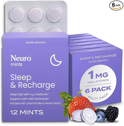 Neuro Melatonin 1 mg Sleep & Recharge Mints (72 Pieces) - Fast Dissolve Melatonin Sugar Free Mints with Lemon Balm & Chamomile for Better Sleep - Calm Sleep Supplement - Mixed Berry Flavor