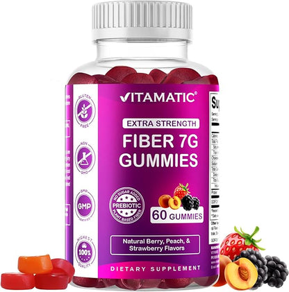 Vitamatic Prebiotic Fiber Gummies for Adults – 2 Pack (Total 120 Gummies) 7g Fiber per Serving | Extra Strength | Zero Sugar Added | Pectin-Based | Digestive Health & Regularity Support