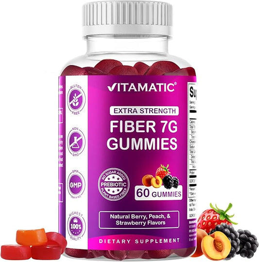 Vitamatic Prebiotic Fiber Gummies for Adults – 7g Fiber per Serving – 60 Pectin-Based Gummies Extra Strength, Zero Sugar Added – Supports Digestive Health & Regularity – Non-GMO, Vegan, Gluten-Free