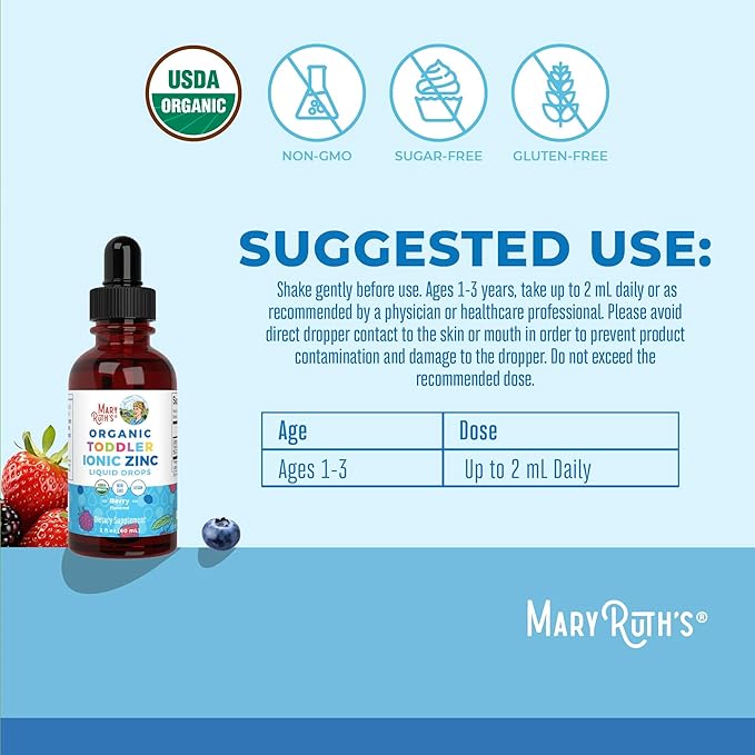 MaryRuth Organics USDA Toddler Liquid Drops | Zinc Sulfate | Immune Support Supplement| Skin Health | Vegan | Formulated for Ages 1-3 | Delicious Berry Flavor | 1 Month Supply | 2 Fl Oz